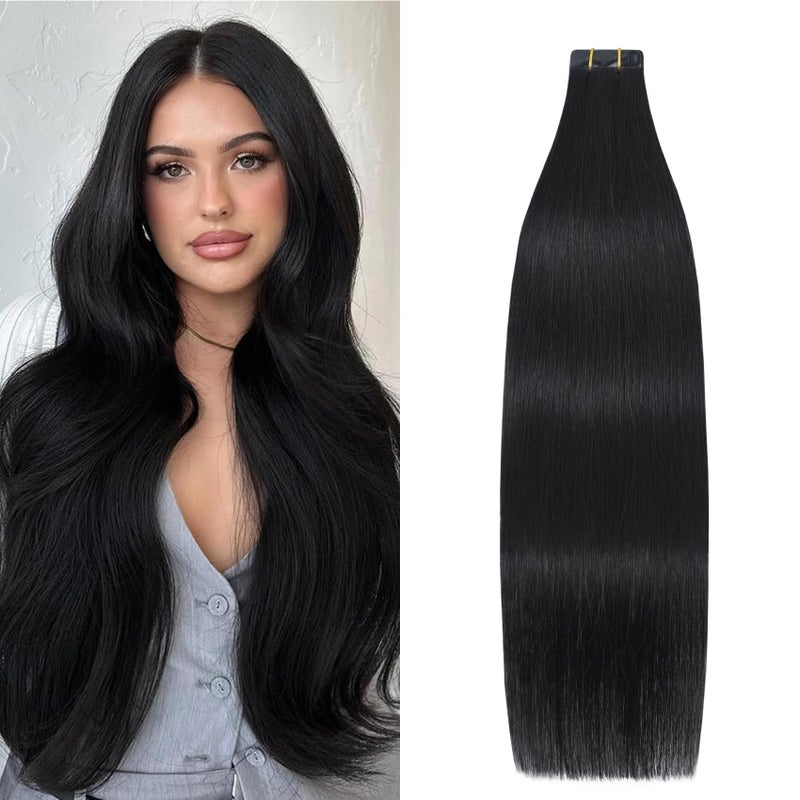 Aison Natural Black Tape in Hair Extensions Human Hair 16 Inches 30g 20 Pcs/Pack Hair Extensions Tape in - Image 1